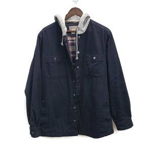 Duluth Trading Co Mens Blue Hooded Button Up Canvas Shirt Jacket Size M Lined